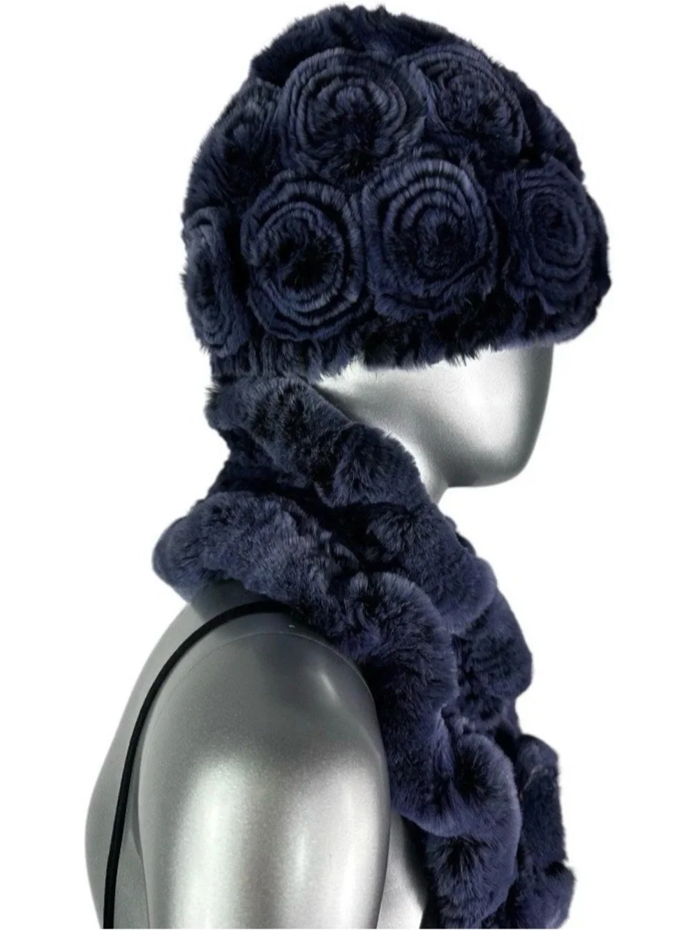Blue REX RABBIT Hat & Scarf w/Rosettes,Sz 21”-23” Stretch, Certified Vintage Fur